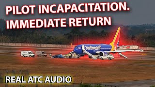 PILOT INCAPACITATED Offduty pilot helps to land Southwest B737 REAL ATC [upl. by Ellehsar224]