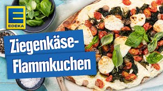 Ziegenkäse Flammkuchen  Flammkuchen mit Ziegenkäse Spinat und Cherrytomaten [upl. by Airbma384]