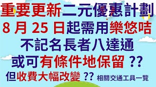 重要更新二元乘車優惠  8月25日起必需用樂悠咭  不記名長者八達通或可有條件地保留  收費大幅改變相關交通工具一覽  儘快申請樂悠咭  避免交通開支大增 [upl. by Tybald]