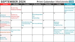 September 2024 Calendar with Holidays and Observances All holiday calendar september [upl. by Yoo361]