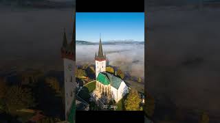 Aerial shot of Spissky Stvrtok medieval church during one of the autumn mornings spisskystvrtok [upl. by Ididn]