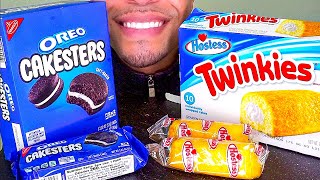 ASMR OREO CAKESTERS TWINKIES CHALLENGE COMMERCIAL REVIEW RECIPE 2023 AD EATING SOUNDS CHANNEL TALKIN [upl. by Anilejna]