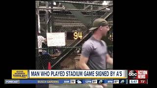 Fan throws 96 mph at speed pitch challenge gets signed by MLB team [upl. by Aldus]