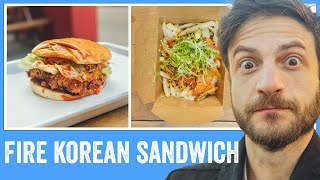 Heat Eaters Esther Choi Spicy Korean Fried Chicken Sandwich CHALLENGE  Jeremy Jacobowitz [upl. by Yelnek858]