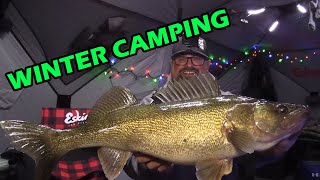 Winter Camping and Ice Fishing BIG Walleye  MERRY CHRISTMAS [upl. by Akciret570]