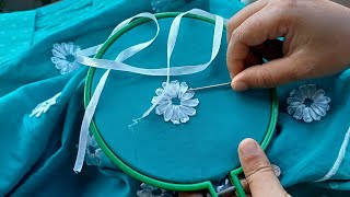 How to make beautiful ribbon flowers on dress very easy for beginnersribbon stitchArtsampDesign [upl. by Stichter]