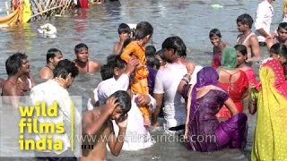 Devotees have a holy bath during Ganesh immersion  Delhi [upl. by Alliuqaj]