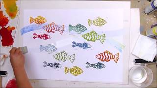 Linolschnitt farbenfrohe Fische  Blockprinting  colourful fish [upl. by Ellatnahc]