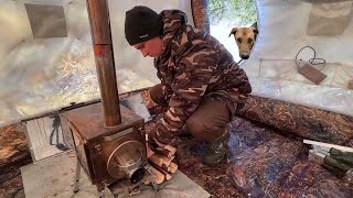 Winter camp with a wood stove Cooking food on a wood stove inside the tent [upl. by Eceer]