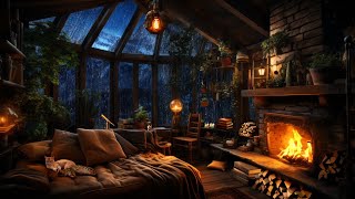 Thunderstorm with Lightning Rain Crackling Fireplace amp Sleeping Cats in a Cozy Cabin [upl. by Cassella]