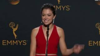 Tatiana Maslany Emmys 2016 Full Backstage Interview [upl. by Eirrehc]