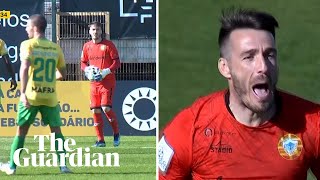 Varzim goalkeeper scores with pitchlength kick in Portuguese match [upl. by Norabel]