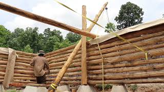 Log Home Ridgepole Raising Alone using Old School Methods [upl. by Bryn]