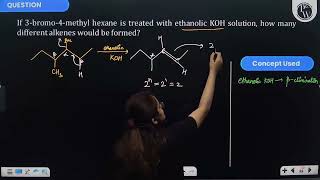 If 3bromo4methyl hexane is treated with ethanolic \KOH\ solution how many different alkene [upl. by Bunting]