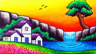 How to Draw Nature Scenery of Waterfall Sunset and Houses  Easy Waterfall Sunset Scenery Drawing [upl. by Fin64]