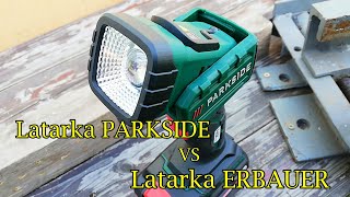 Latarka LED Parkside akumulatorowa PLHLA 20Li A1 porównanie z latarką 18V Erbauer z Castoramy [upl. by Alrac]