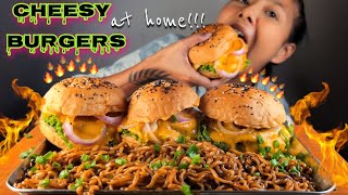 COOKING amp EATING CHEESIEST BURGERS amp BLACK BEAN NOODLES CHALLENGE  I MADE CHEESIEST VEGAN BURGERS [upl. by Ahsehat720]