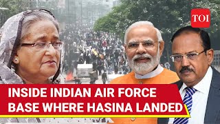 Sheikh Hasina In India Inside Hindon Air Force Base As Doval Meets Ousted Bangladesh PM [upl. by Aneleve]