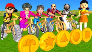 Scary Teacher 3D vs Squid Game Driving Wood Wheel Bikes vs HoneyComb Candy Shapes 5 Times Challenge [upl. by Aroon910]