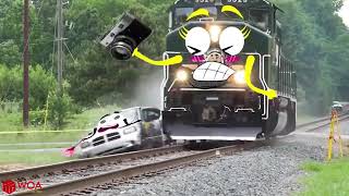 Train Crash  Monster Trains Crush Cars on Railroad  Woa Doodland [upl. by Methuselah6]