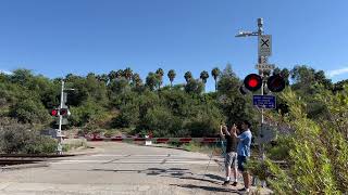 Two Sprinter trains at Moon Valley Nursery Private Railroad Crossing Oceanside CA 8424 [upl. by Yaeger]