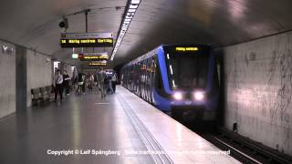 SL Tunnelbana tåg  Metro trains at Östermalmstorg station Stockholm Sweden [upl. by Annawahs]