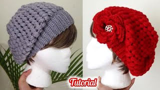 ❤ Gorro Crochet Estilo Boina Caida Punto Puff [upl. by Emerald]