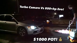 Turbo Camaro Vs 800HP Evo 1000 POT 1320 [upl. by Yelkcub]