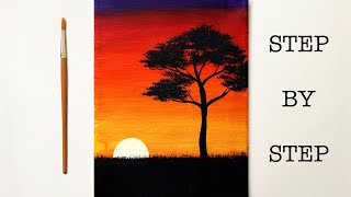 Easy Sunset for Beginners  Acrylic Painting Tutorial Step by Step  ENG SUB [upl. by Monaco]