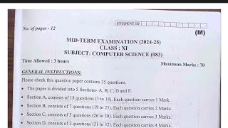 class 11 computer sci Mid term examination 202425081024कक्षा 11 com Question paper [upl. by Wertz]