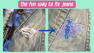 how to fix ripped jeans ✨ darning a hole the fun way [upl. by Ellette]