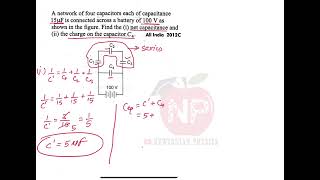 A network of four capacitors each of capacitance 15 microfarad is connected across a battery of 100V [upl. by Olfe]