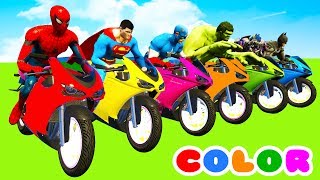 MotorCycles COLOR Race in Cars Cartoon amp Superheroes with Spiderman [upl. by Ailes]