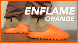 NEW SIZING YEEZY Slide Enflame Orange Review  On Foot [upl. by Kirch]