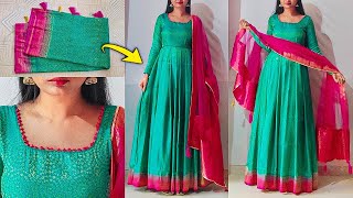 Convert Saree into Long dress in just 10 minutes  Long dressgownfrock cutting stitching  kannada [upl. by Asnarepse]