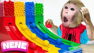 Monkey NeNe Play Four Color Gumball Machine By Marble Run Race With Duckling NENE ANIMAL MONKE [upl. by Boyse626]