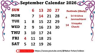 September Calendar 2026  September 2026 Festivals likely some optional and general holidays [upl. by Accever]