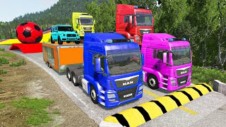 Double Flatbed Trailer Truck vs Speedbumps Train vs Cars  Tractor vs Train BeamngDrive 0468 [upl. by Nodnnarb791]