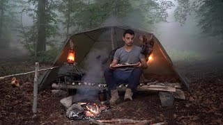 Bushcraft camp in heavy fog with my dog Campfire Cooking Relaxing camping video Asmr [upl. by Hermina]