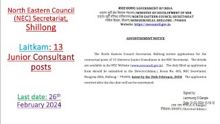 North Eastern Council Secretariat Contractual posts of 13 thirteen Junior Consultants [upl. by Hanoj238]