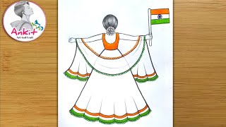 Independence Day Drawing Easy Steps  How to draw 15 august Drawing Easy Step  Girl Drawing  art [upl. by Quartas258]