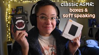 good ol classic ASMR box tapping with soft speaking finger pad tapping nail tapping scratching [upl. by Ardnasyl]