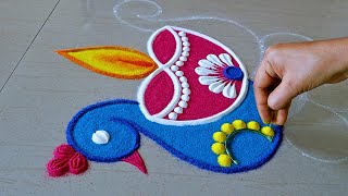 Special Peacock Rangoli Design For Diwali  Deepavali Rangoli Designs  Easy Deepavali Kolam Designs [upl. by Harday]