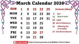 March Calendar 2026 marchcalender2026 [upl. by Horgan325]