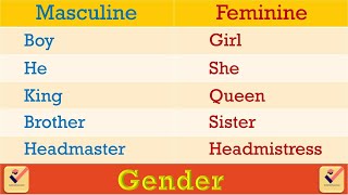 Gender in English Grammar  190 Important Words MasculineFeminineCommonNeuter Opposite Words [upl. by Eirffej]