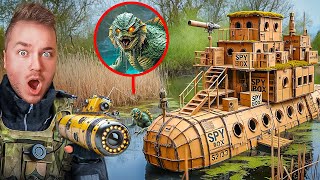 BUILDING A BOX FORT SPY SUBMARINE TO CAPTURE POND MONSTER Cardboard Crafts [upl. by Johnath]