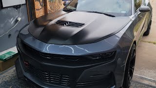 How to wrap a Camaro hood in ‎‎cheetahwrap5787 satin black in realtime [upl. by Airetal]