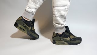 Nike Air Max 90 Leather Black Sequoia Olive On Feet [upl. by Laurentium]