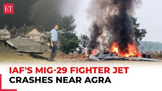 MiG29 fighter jet crashes near Agra after midair system glitch pilot ejects to safety [upl. by Ydoow]