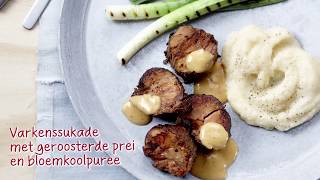 Keurslager recept  Varkenssukade met geroosterde prei en bloemkoolpuree [upl. by Aikan943]